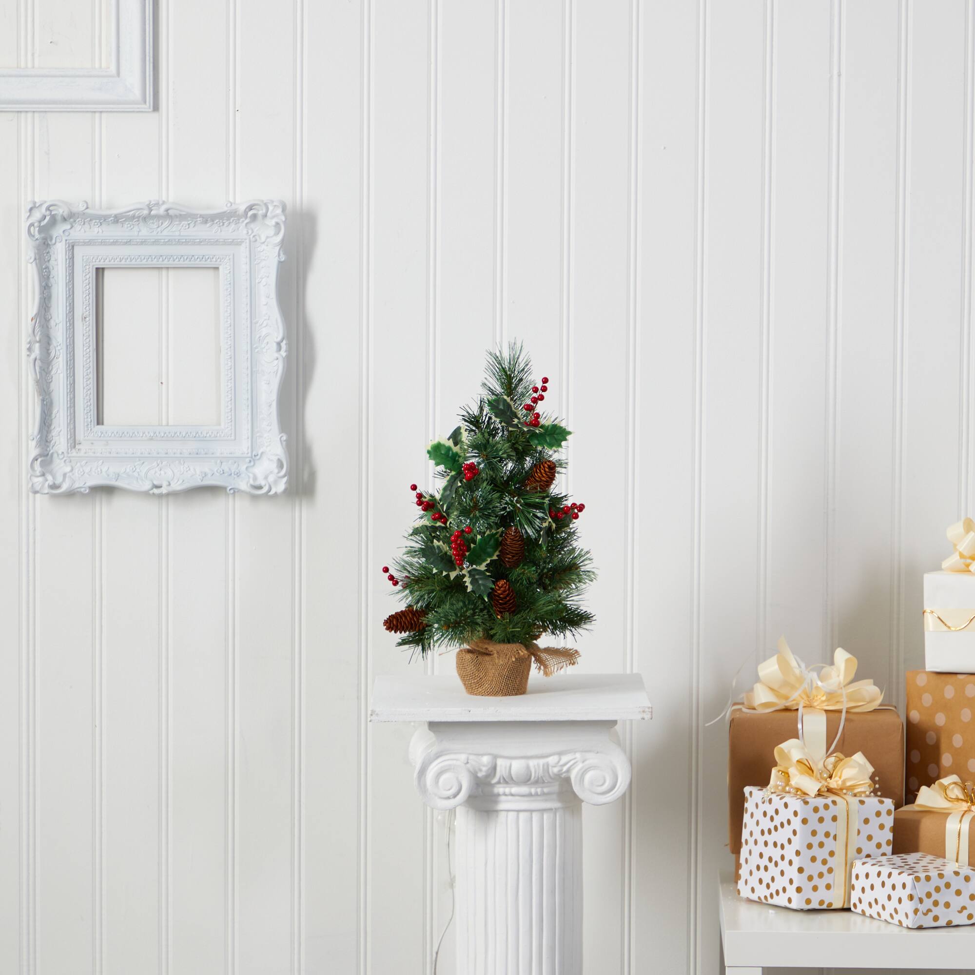 18" Pre-Lit Mixed Pine Artificial Christmas Tree with Holly Berries & Pinecones, Clear LED Lights
